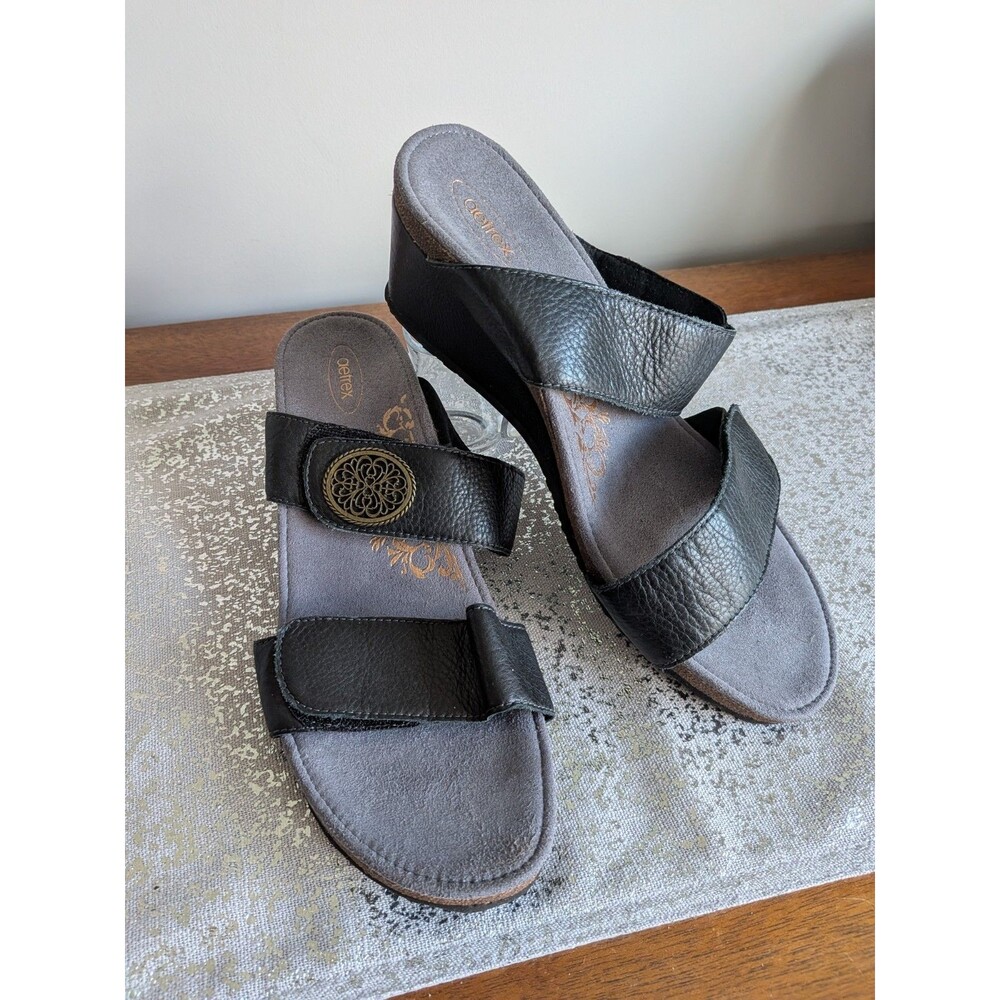 Aetrex Marilyn Womens US 10.5-11 EU 42 Shoes Black Leather Wedge Sandals Comfy